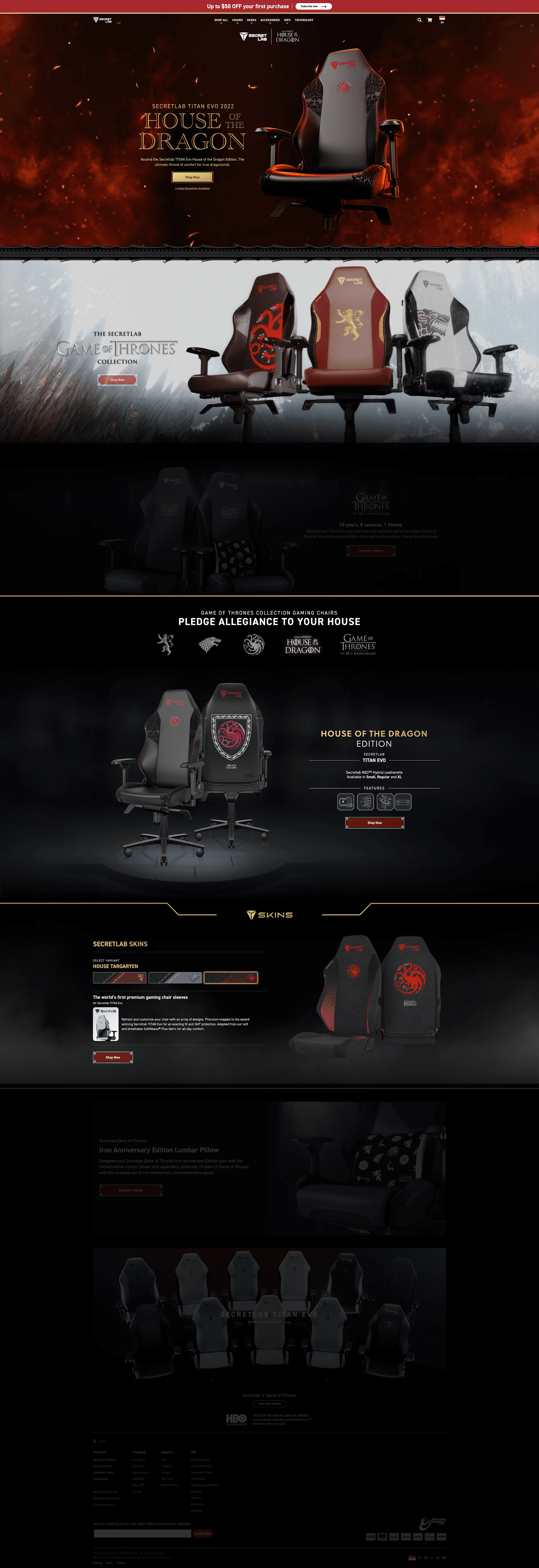 Game of Thrones & House of the Dragon partnership page revamped for Secretlab SKINS product line launch