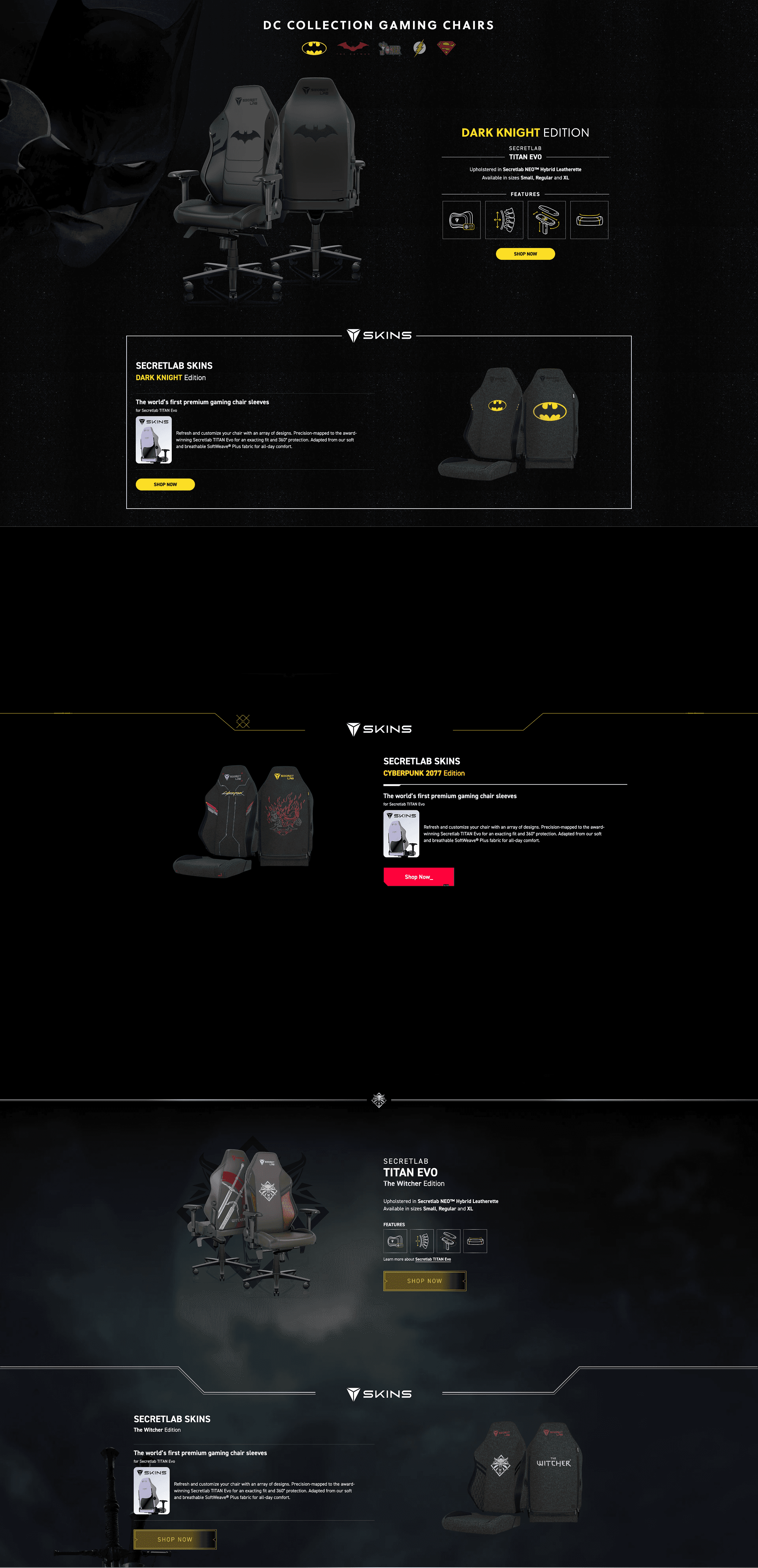 DC, Cyberpunk 2077 & The Witcher SKINS product line sections on respective partnership pages for Secretlab SKINS product line launch
